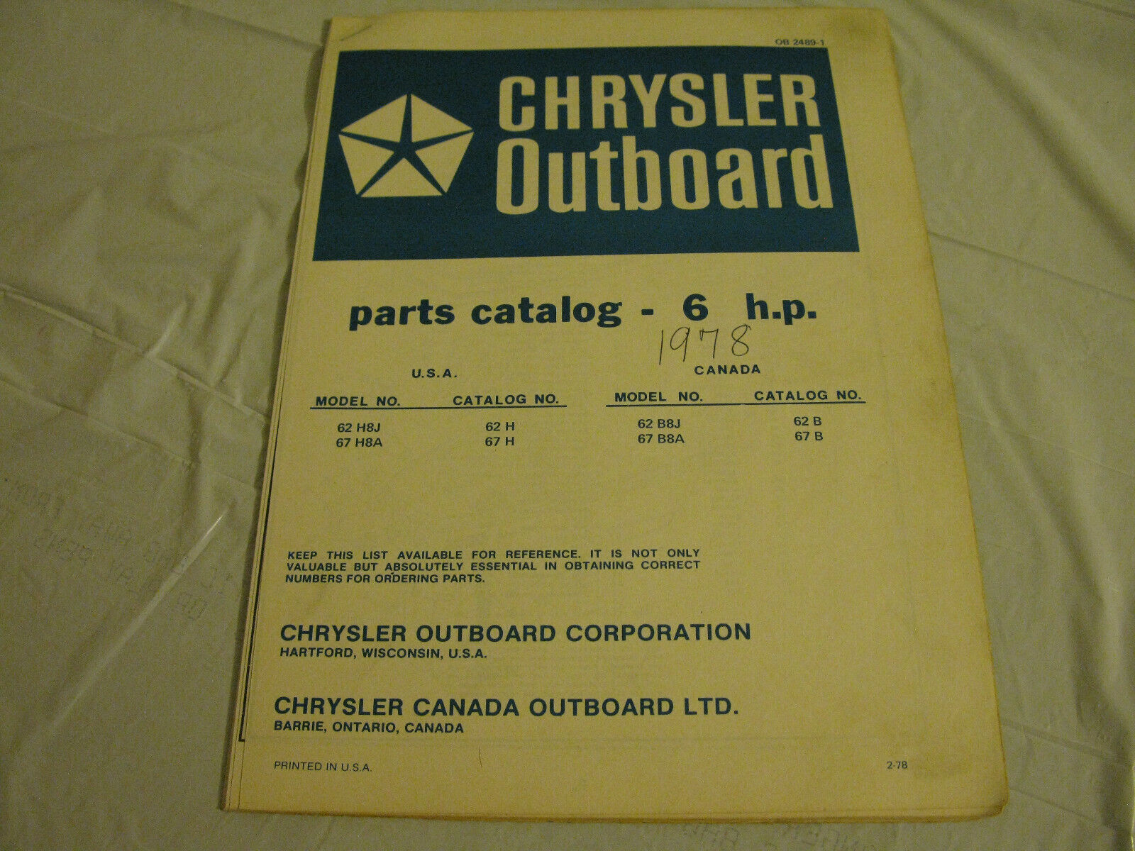 (image for) blue 1978 chrysler 62h8j hp outboard parts catalog - Click Image to Close