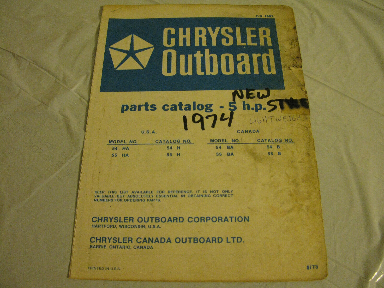 (image for) blue 1974 chrysler 5 hp outboard parts catalog - Click Image to Close