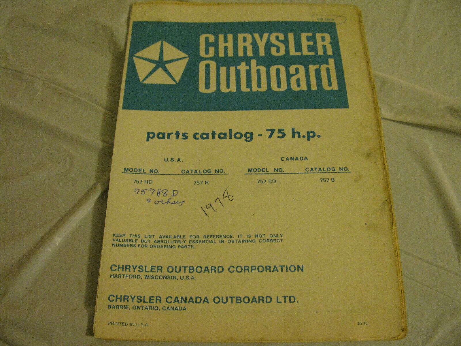 (image for) blue 1978 chrysler 75 hp outboard parts catalog - Click Image to Close