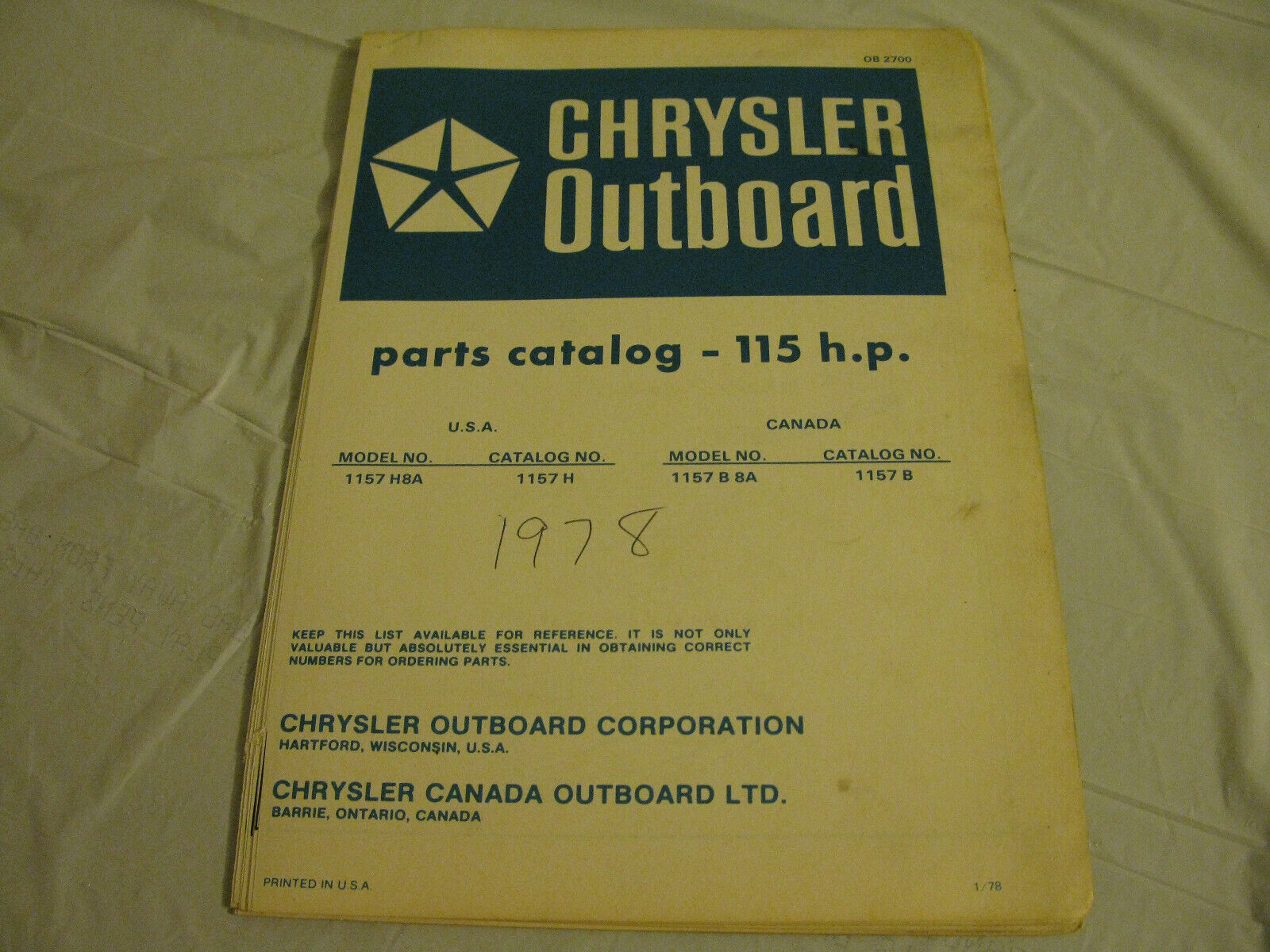 (image for) blue 1978 chrysler 1157 hp outboard parts catalog - Click Image to Close