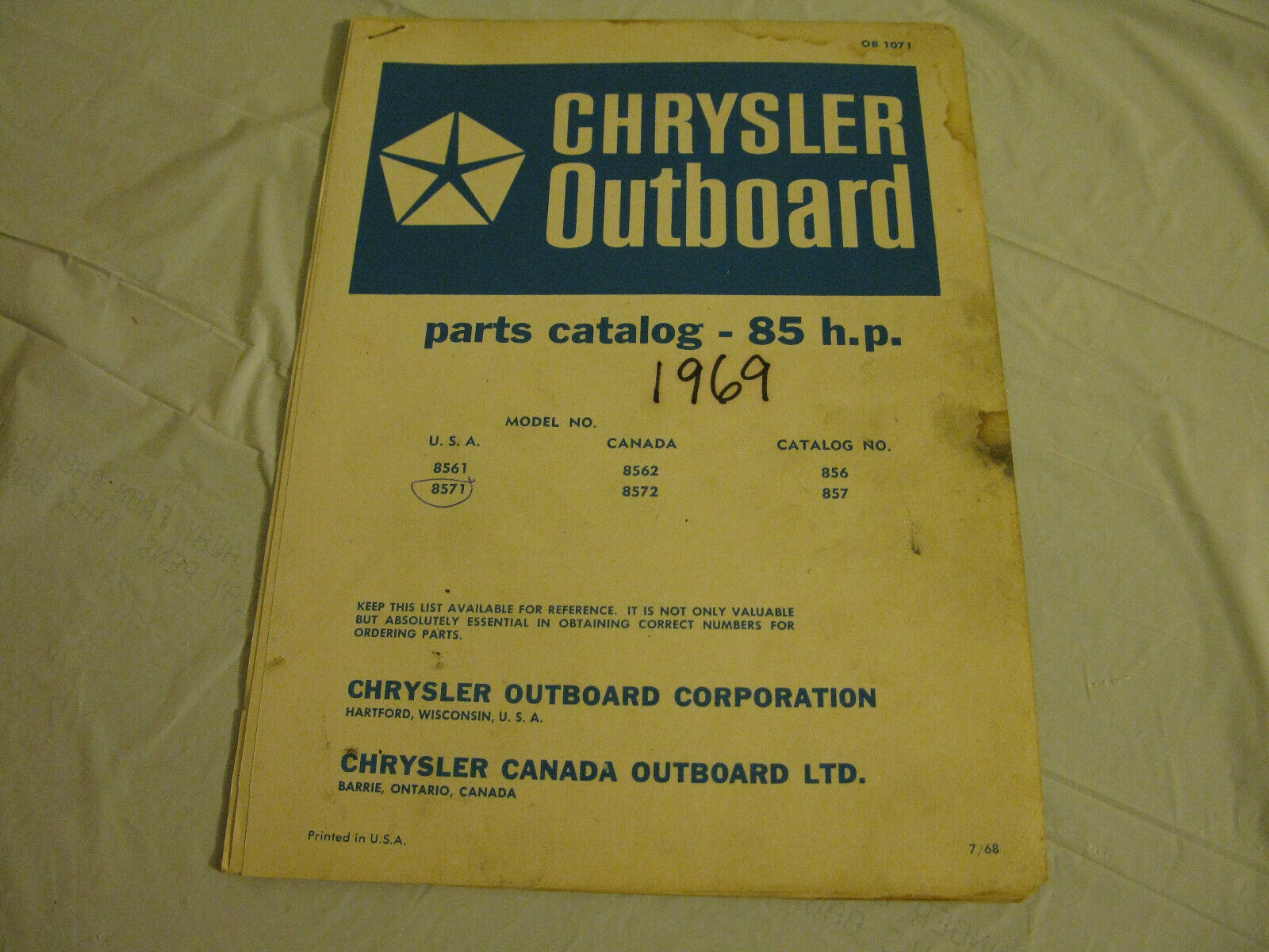 (image for) blue 1969 chrysler 85 hp outboard parts catalog - Click Image to Close