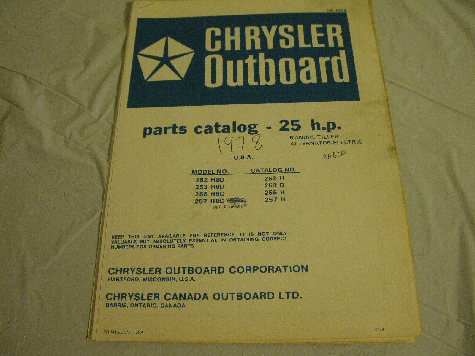 (image for) blue 1978-2 chrysler 25 hp outboard parts catalog - Click Image to Close