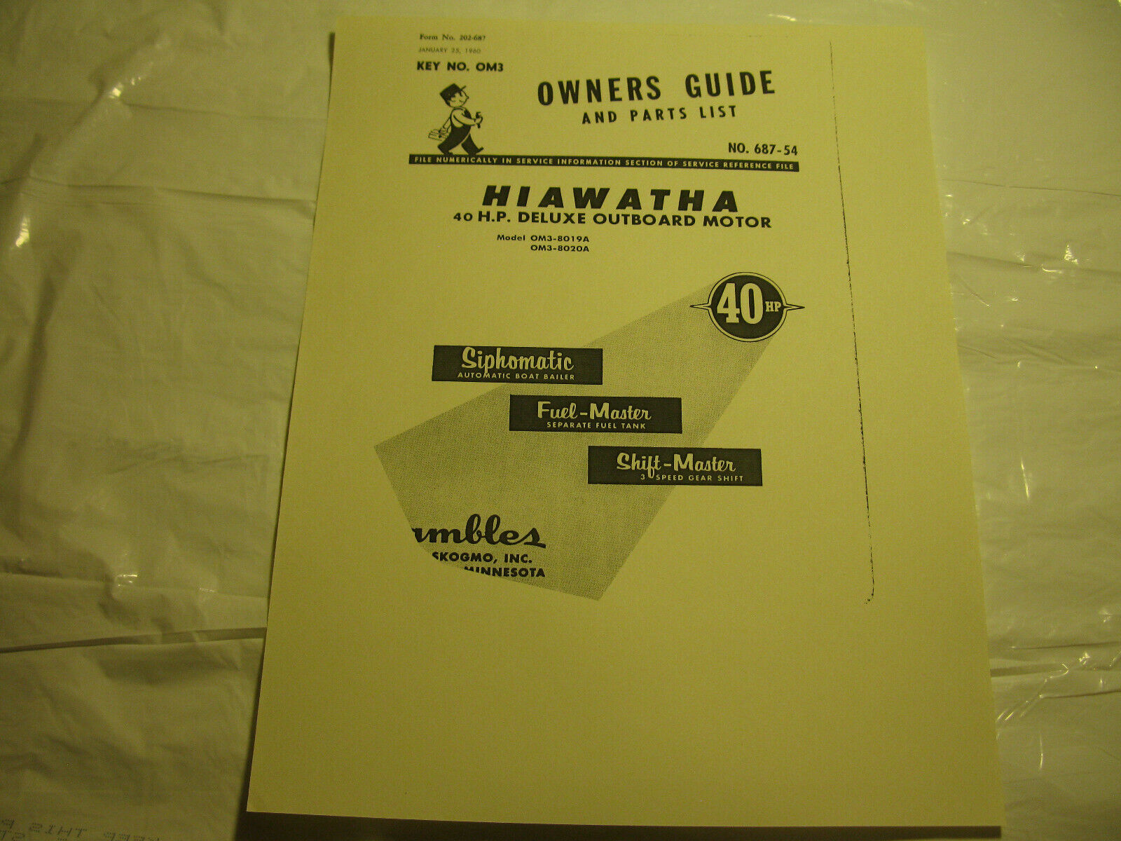 (image for) 1960 Hiawatha Owners guide and parts list 40 hp model OM3-8019A outboard motor - Click Image to Close