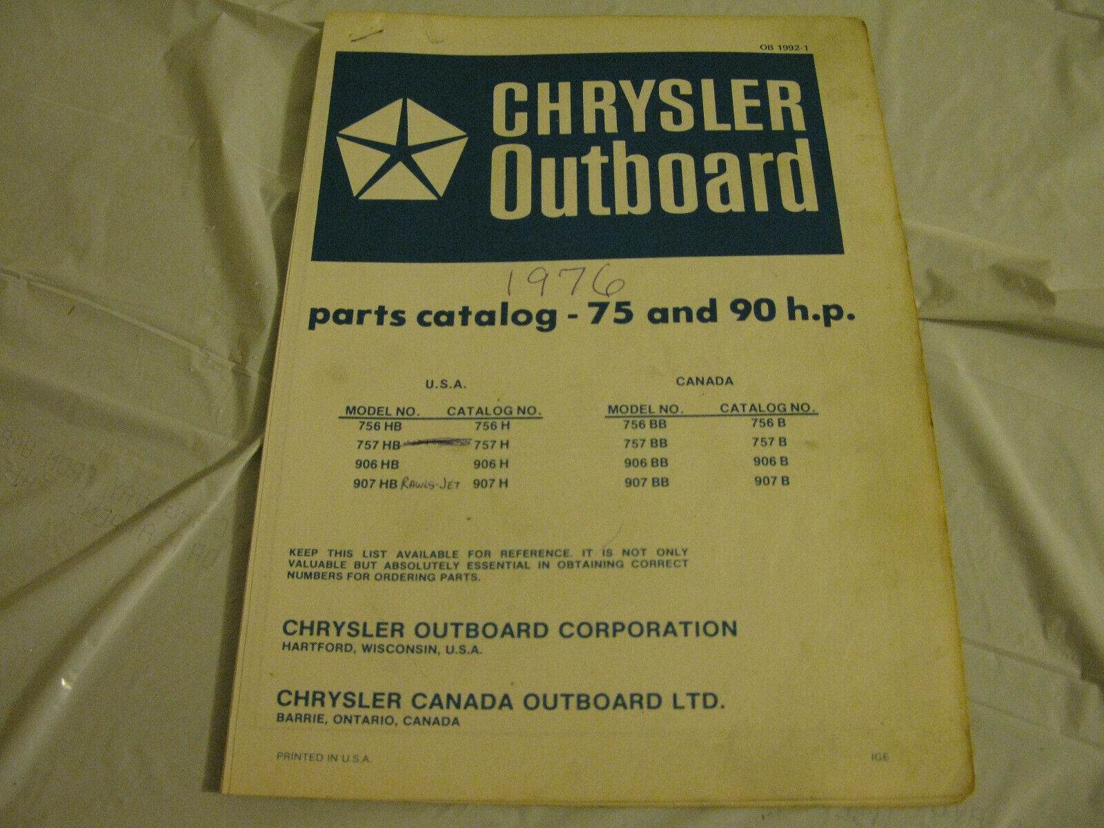 (image for) blue 1976 chrysler 75 and 90 hp outboard parts catalog - Click Image to Close