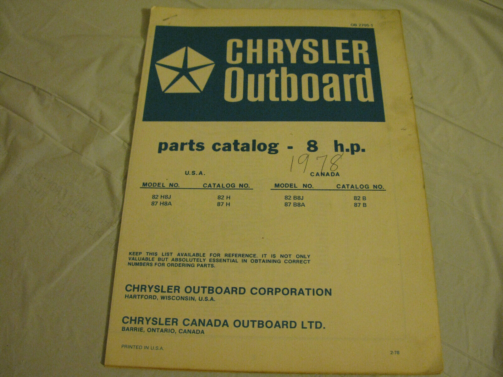 (image for) blue 1978 chrysler 82h8j 87h8a hp outboard parts catalog - Click Image to Close