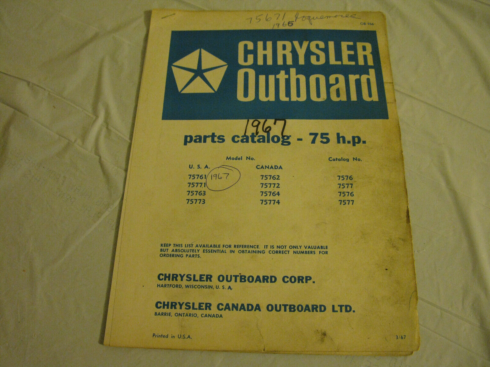 (image for) blue 1967 chrysler 75 hp outboard parts catalog - Click Image to Close