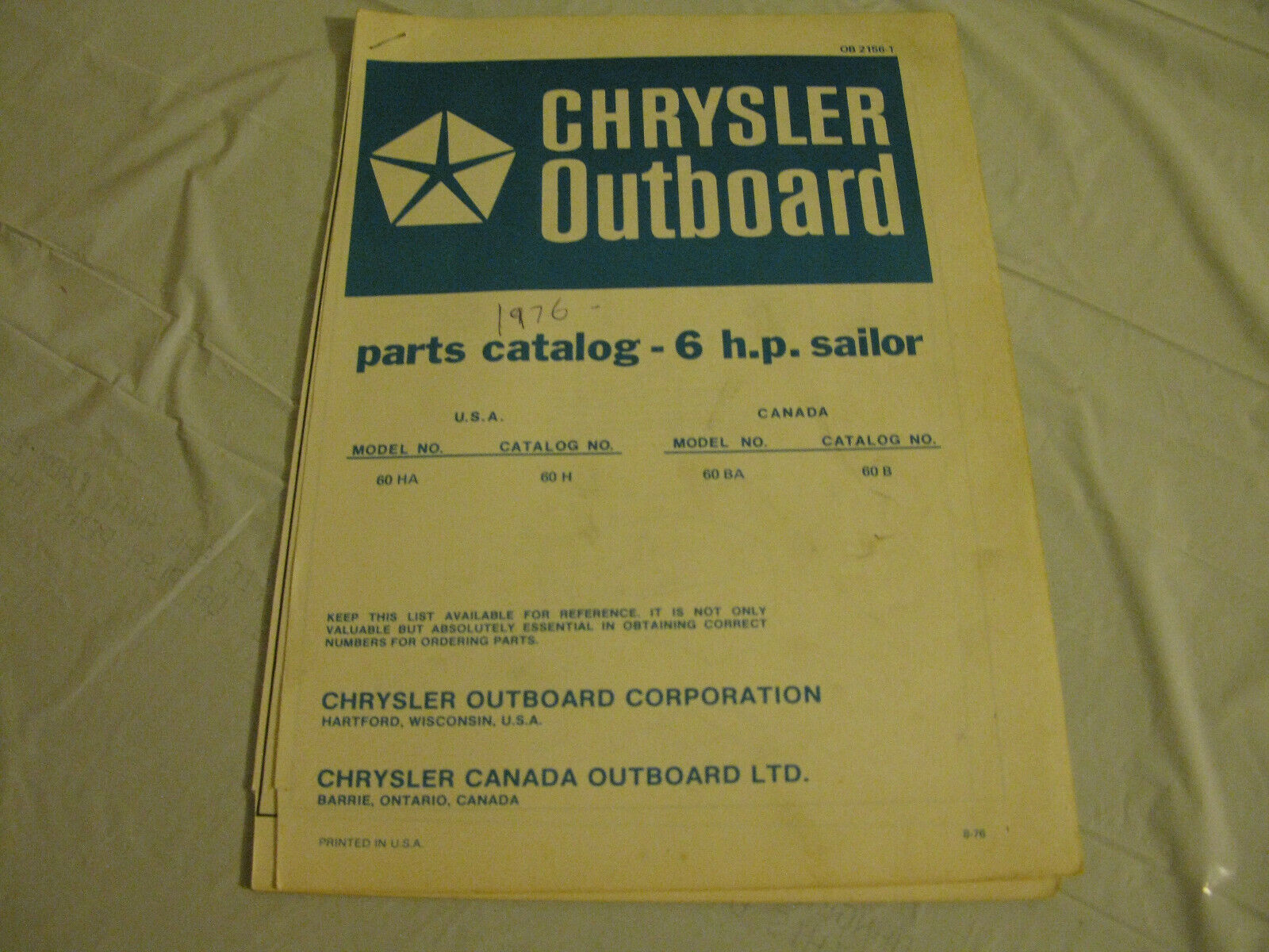 (image for) blue 1976 chrysler sailor 6 hp outboard parts catalog - Click Image to Close