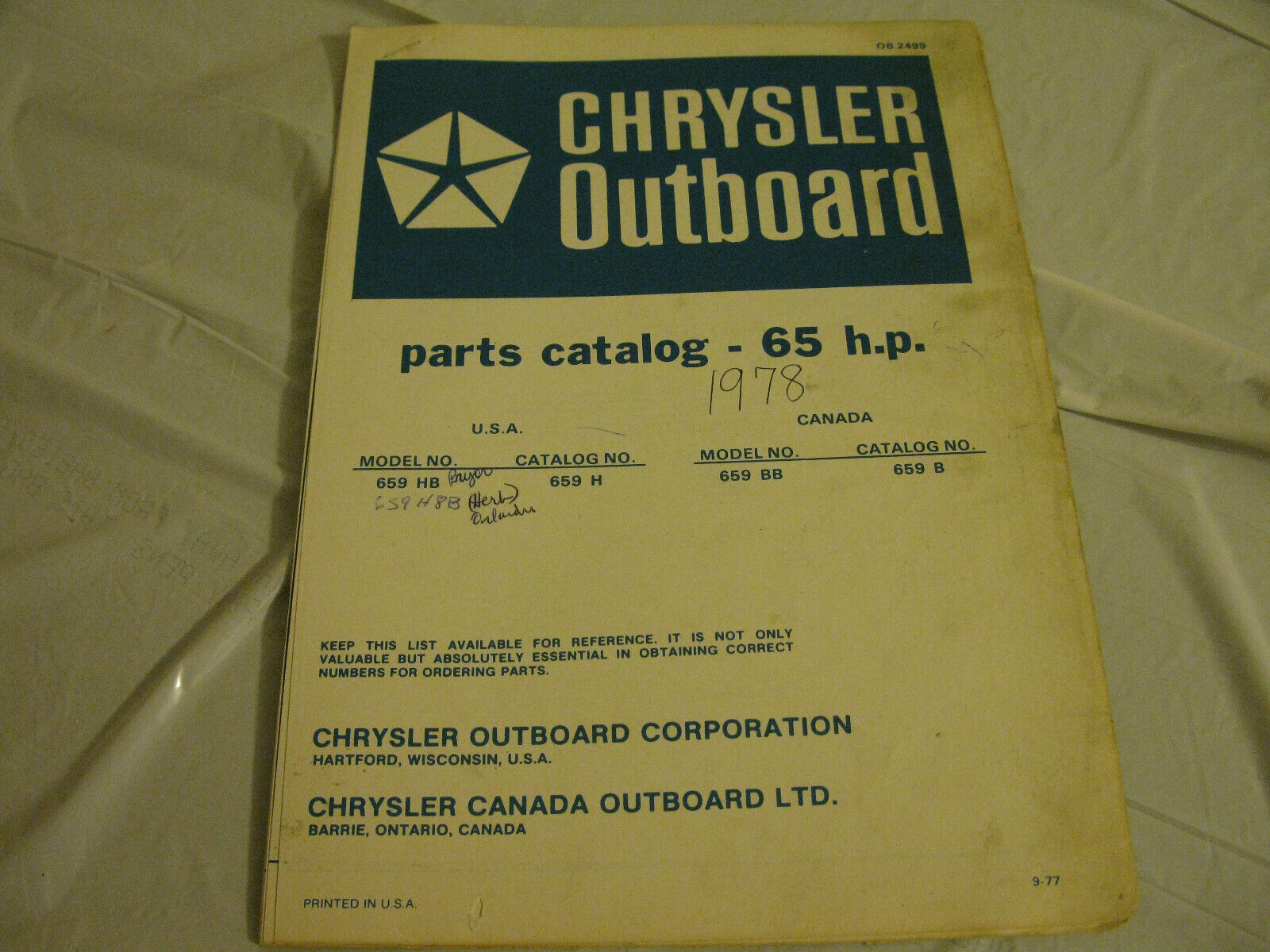 (image for) blue 1978 chrysler 65 hp outboard parts catalog - Click Image to Close