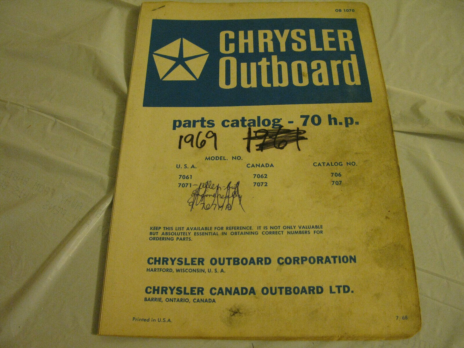 (image for) blue 1969 chrysler 70 hp outboard parts catalog - Click Image to Close