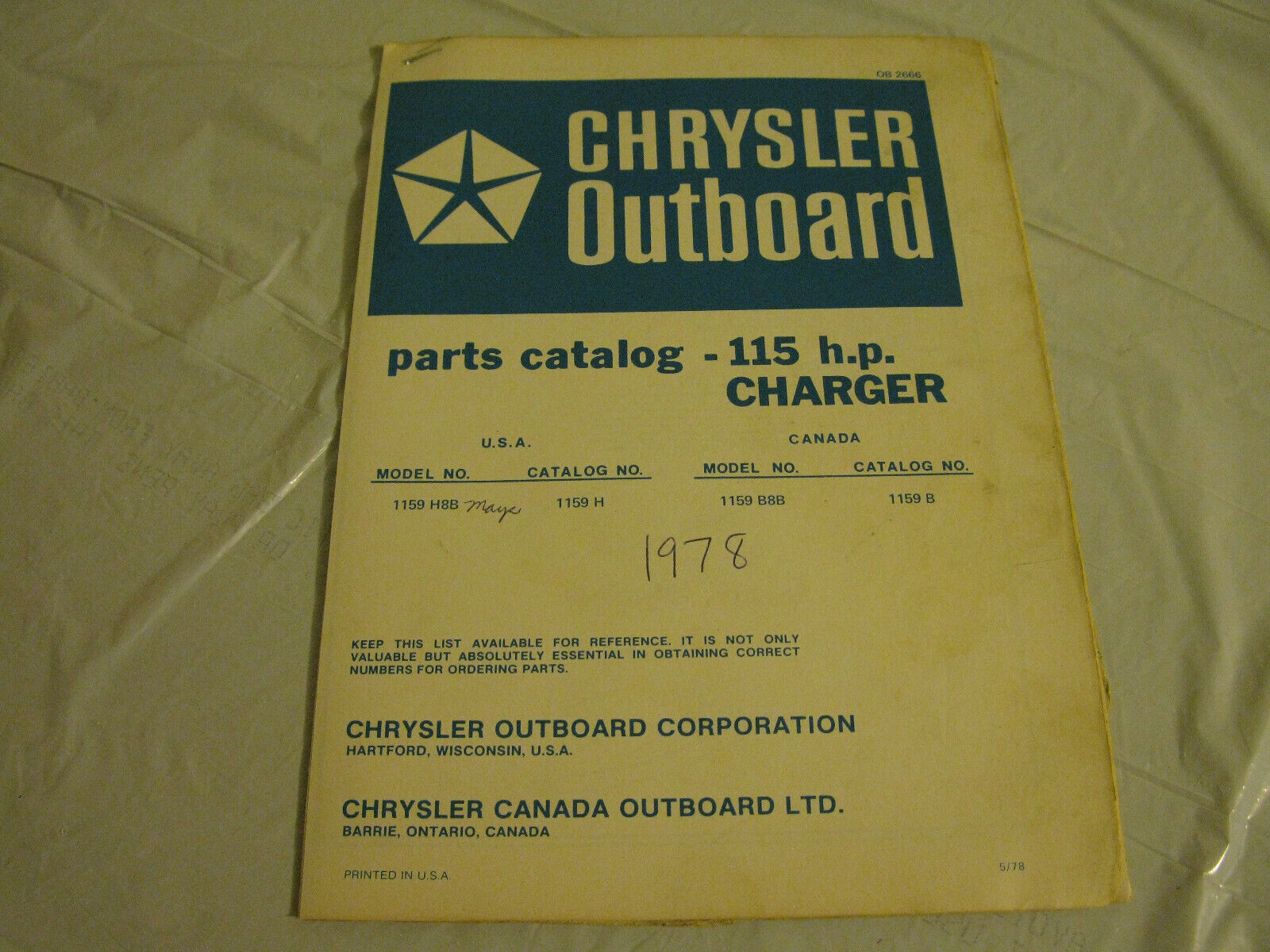 (image for) blue 1978 chrysler 115 hp outboard parts catalog - Click Image to Close