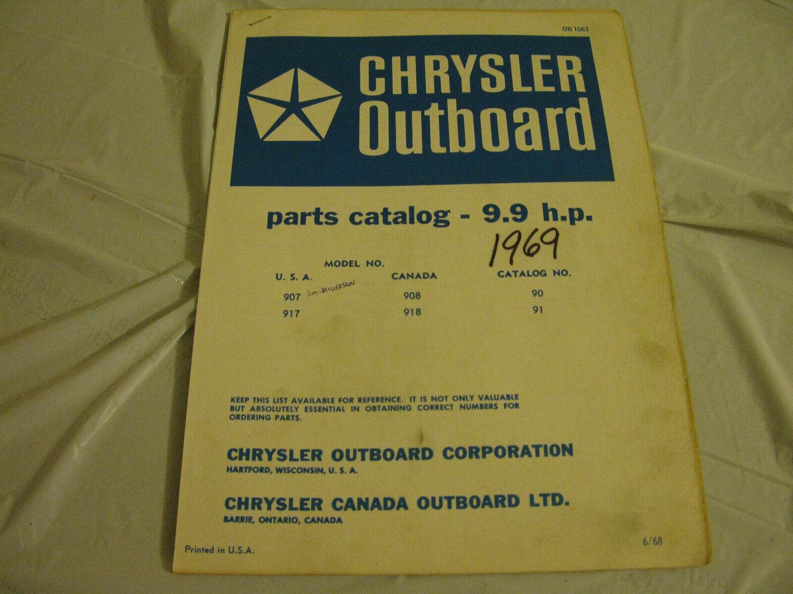 (image for) blue 1969 chrysler 9.9 hp outboard parts catalog - Click Image to Close