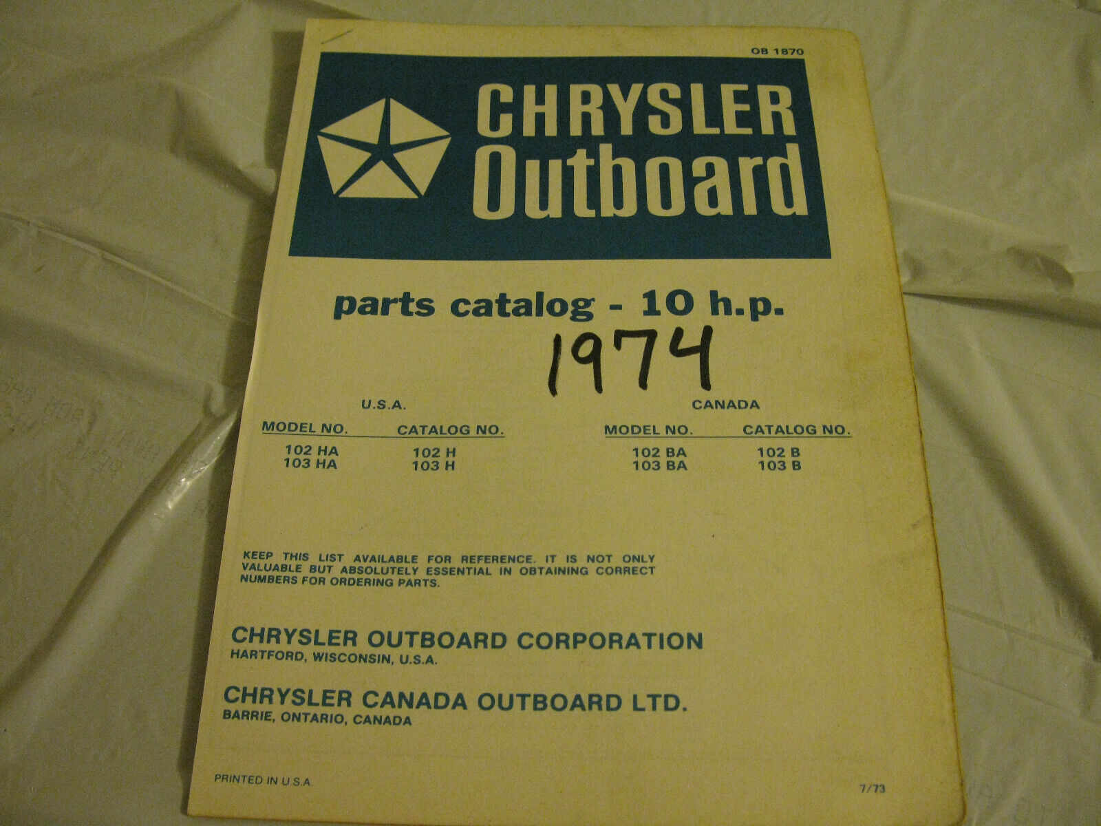 (image for) blue 1974 chrysler 10 hp outboard parts catalog - Click Image to Close