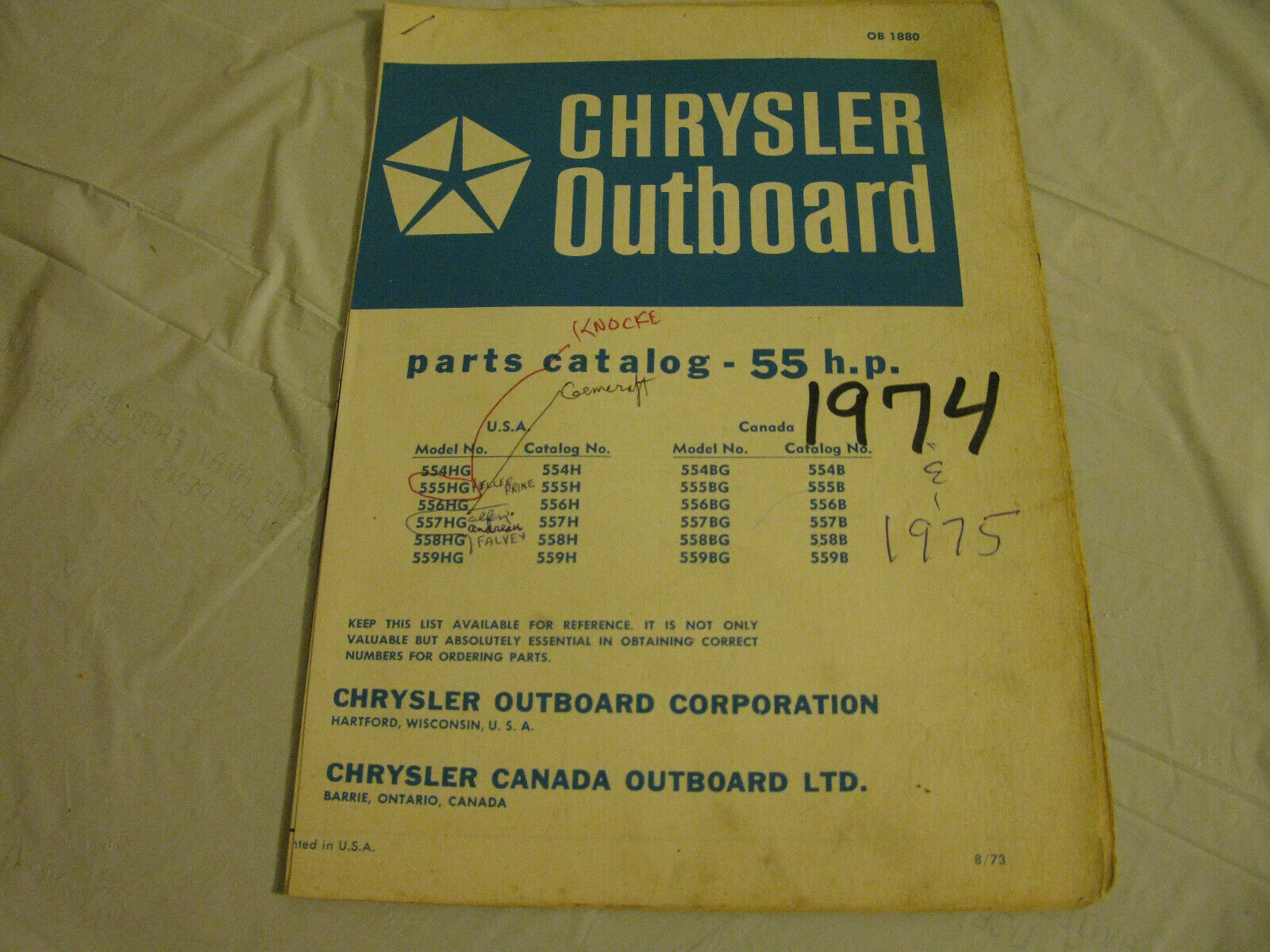 (image for) blue 1974 chrysler 55 hp outboard parts catalog - Click Image to Close