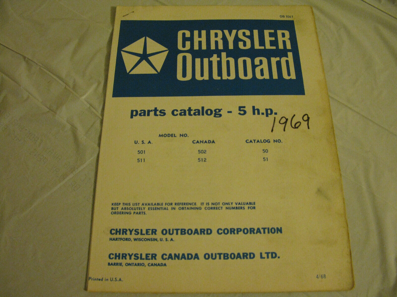 (image for) blue 1969 chrysler 501 511 502 512 hp outboard parts catalog - Click Image to Close