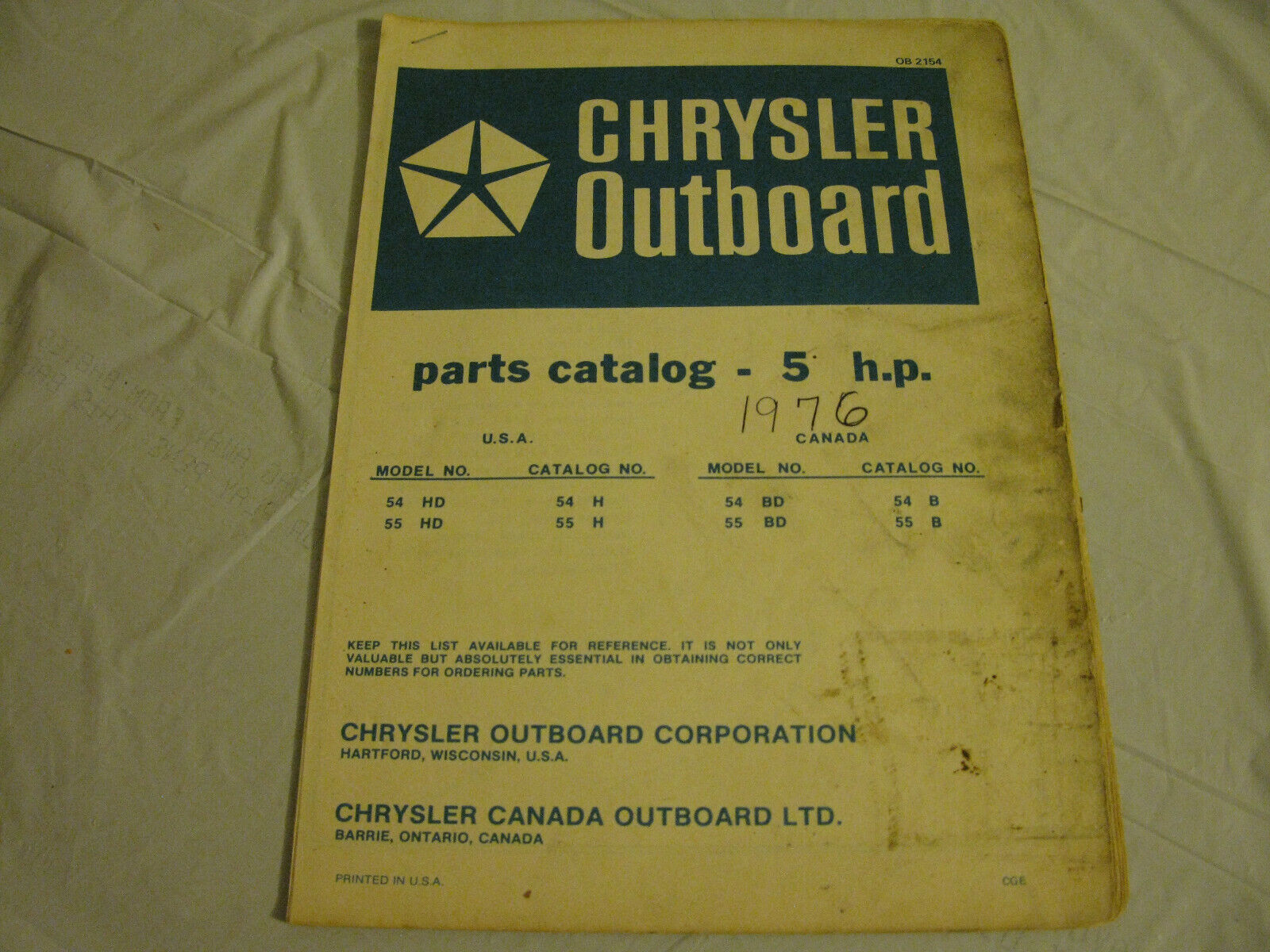 (image for) blue 1976 chrysler 5 hp 54hd 55hd outboard parts catalog - Click Image to Close