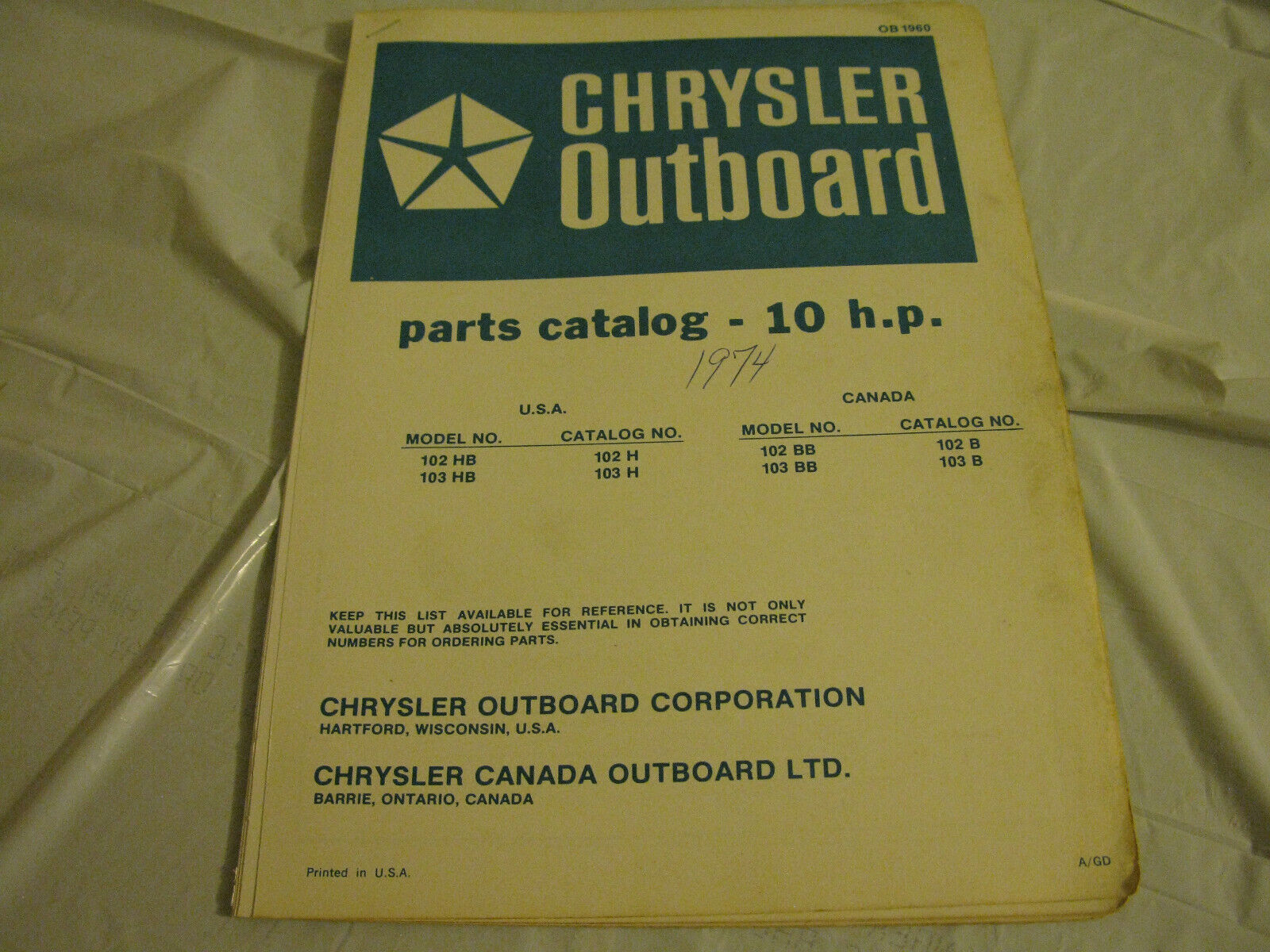 (image for) blue 1974 102hb chrysler 10 hp outboard parts catalog - Click Image to Close