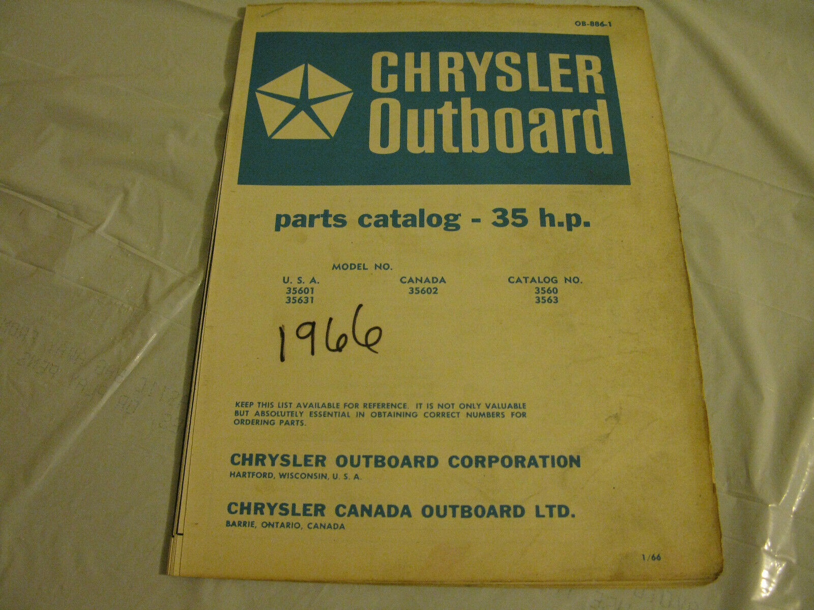 (image for) blue 1966 chrysler 35 hp outboard parts catalog - Click Image to Close