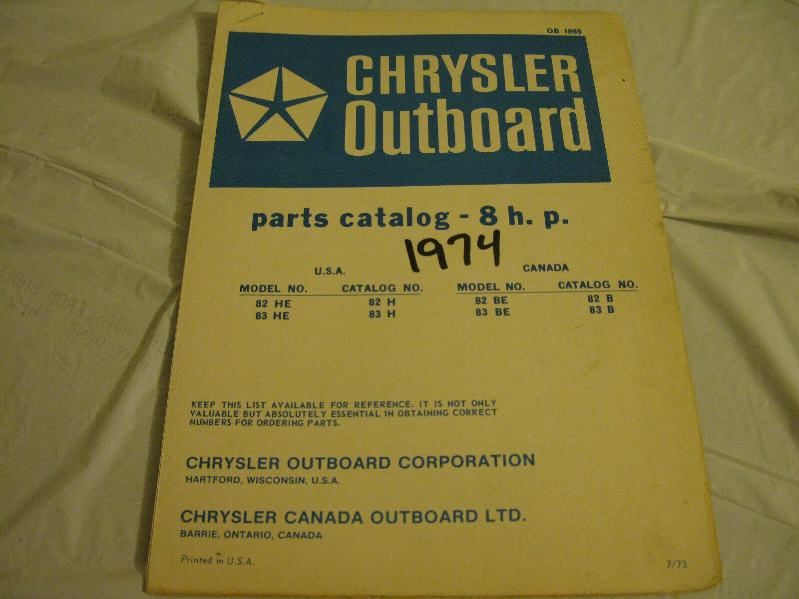 (image for) blue 1974 chrysler 8 hp outboard parts catalog - Click Image to Close