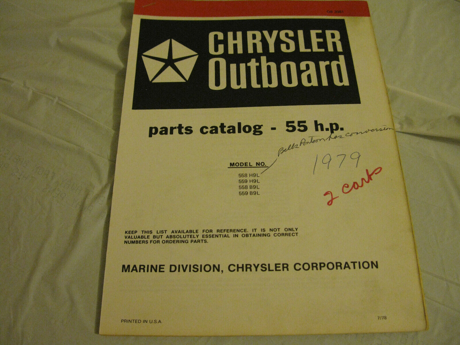 (image for) red band 1979 chrysler 55 2 carb hp outboard parts catalog - Click Image to Close