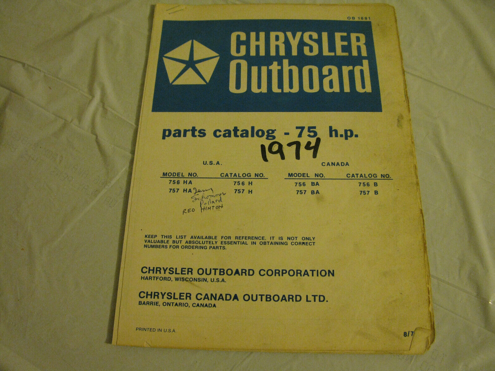 (image for) blue 1974 chrysler 756ha 757ha 75 hp outboard parts catalog - Click Image to Close