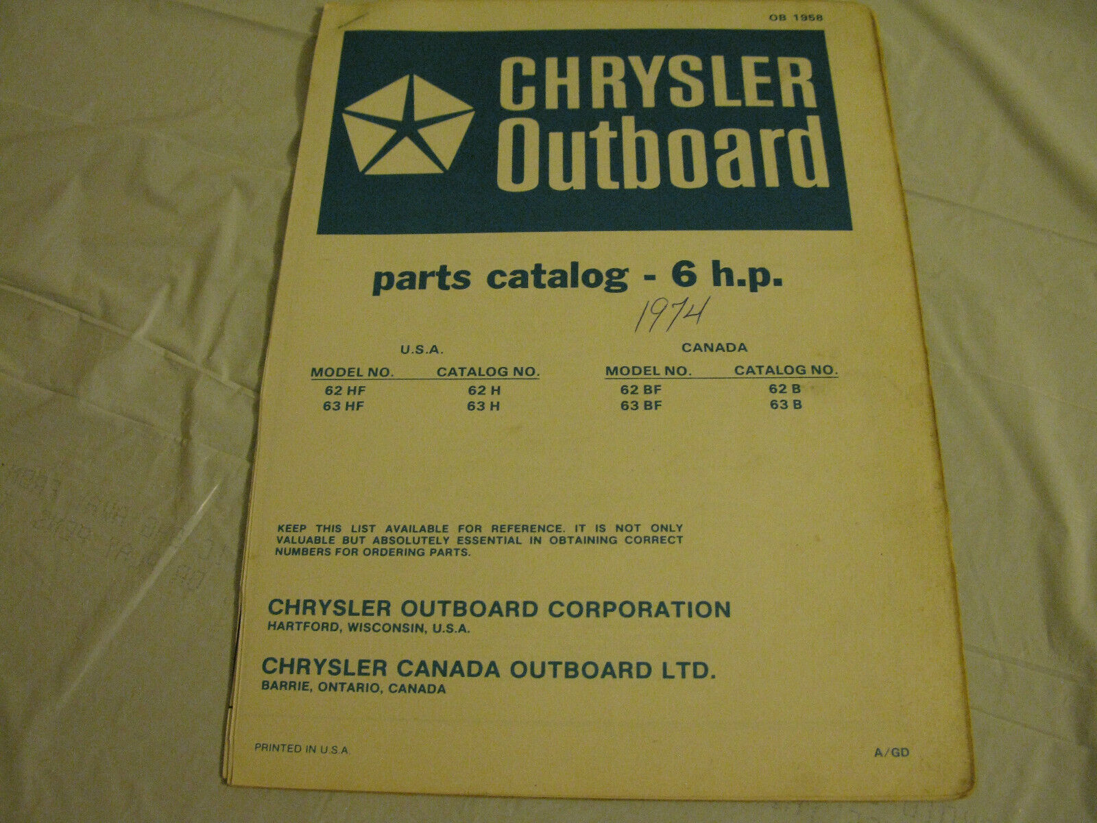 (image for) blue 1974 chrysler 62hf 63hf hp outboard parts catalog - Click Image to Close