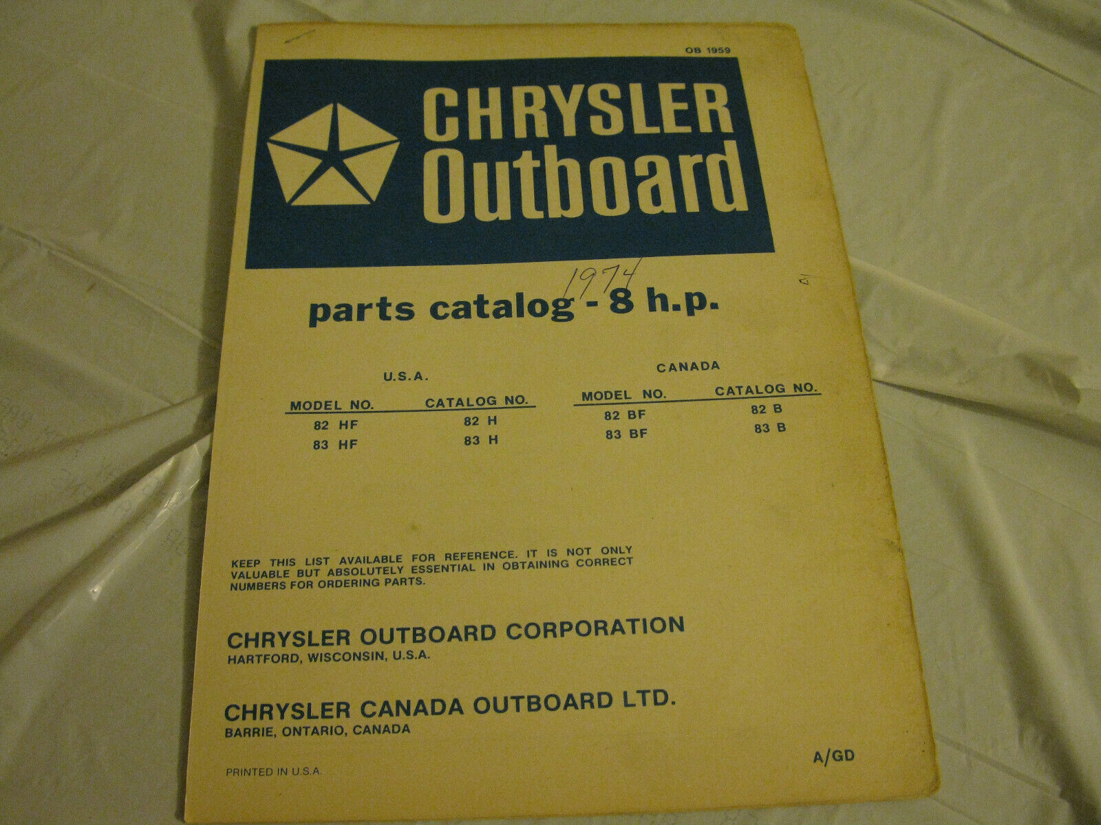 (image for) blue 1974 chrysler 8 hp outboard parts catalog - Click Image to Close