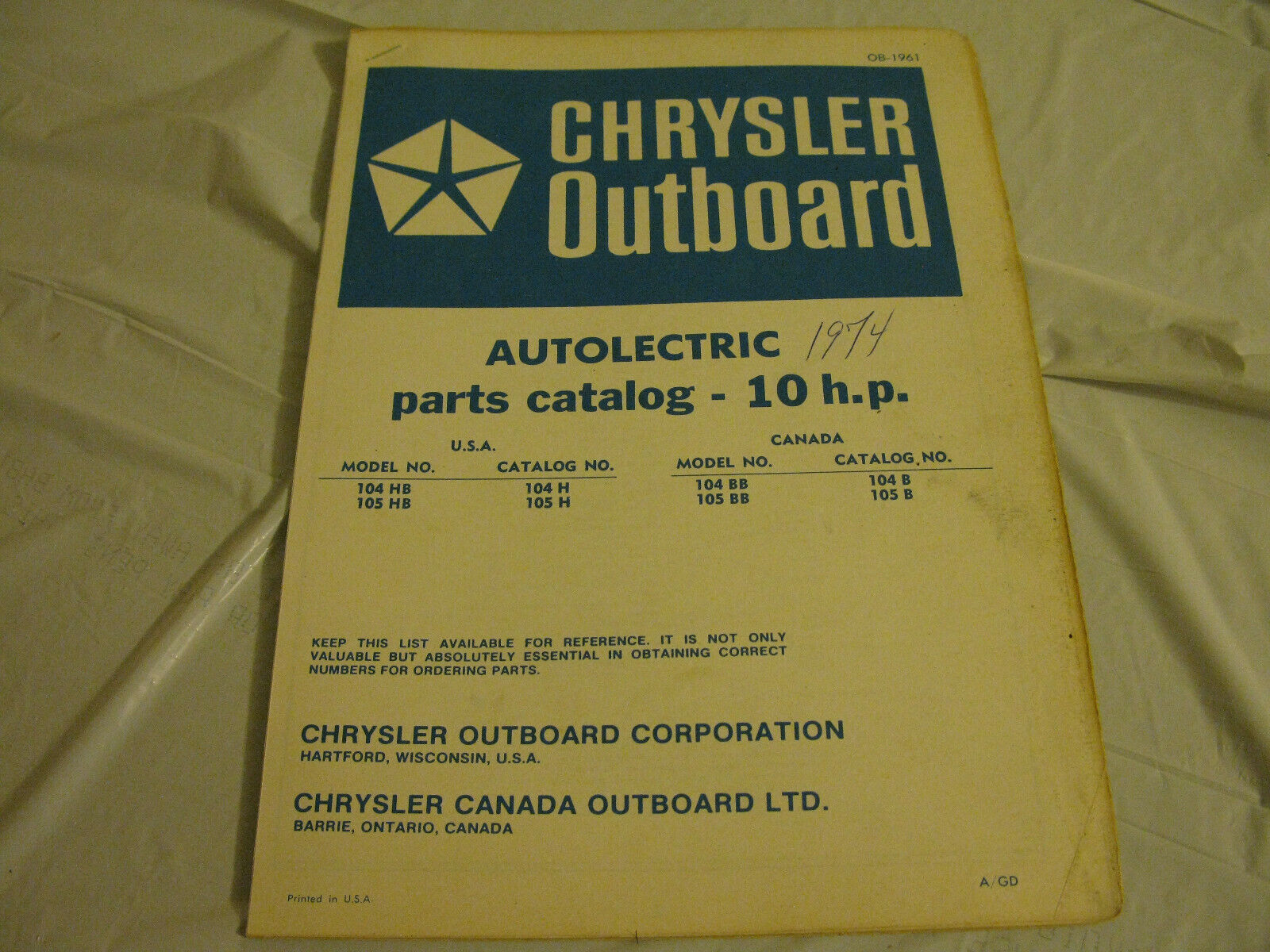 (image for) blue 1974 autolectric chrysler 10 hp outboard parts catalog - Click Image to Close