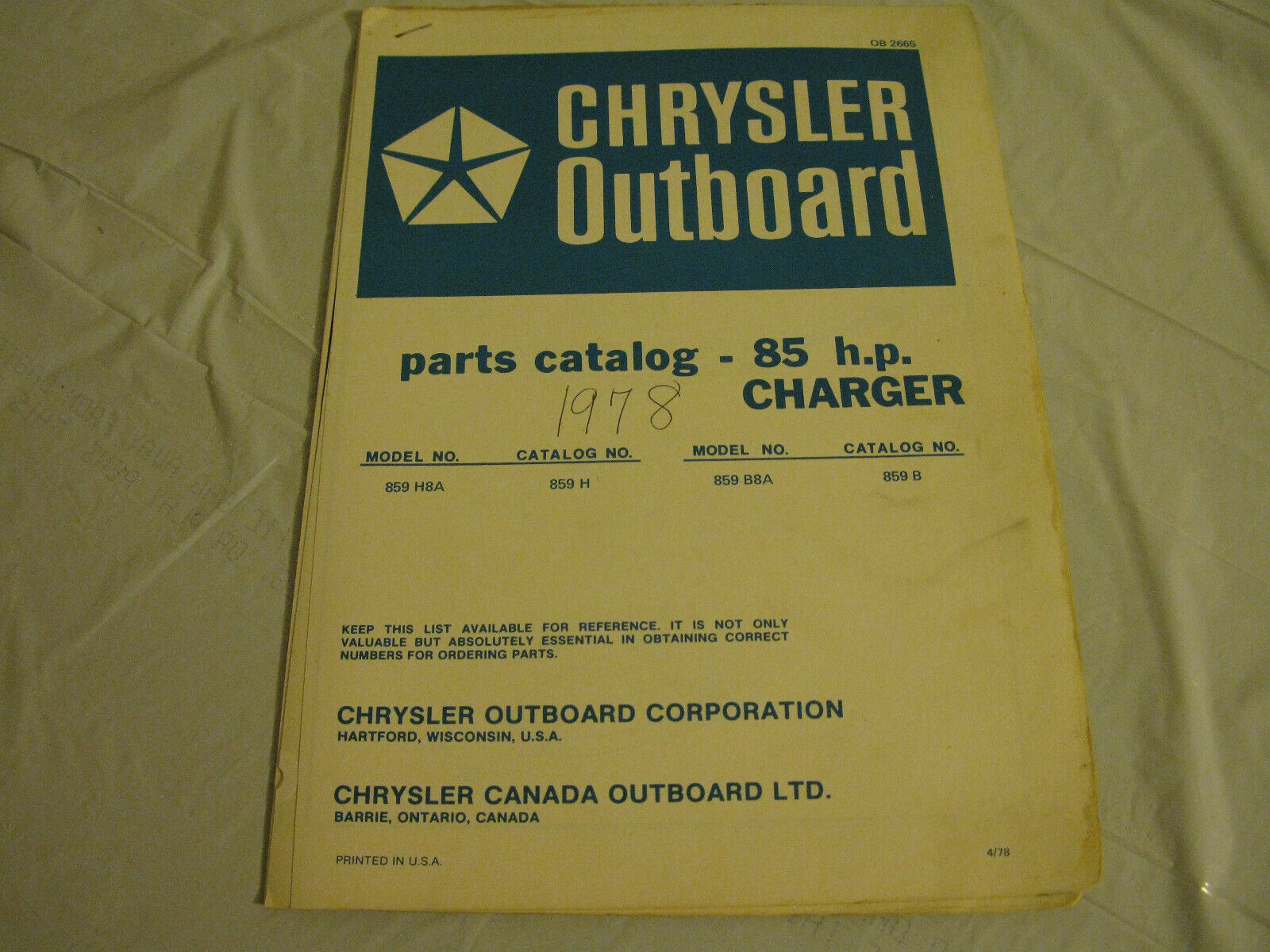 (image for) blue 1978 chrysler 85 charger hp outboard parts catalog - Click Image to Close