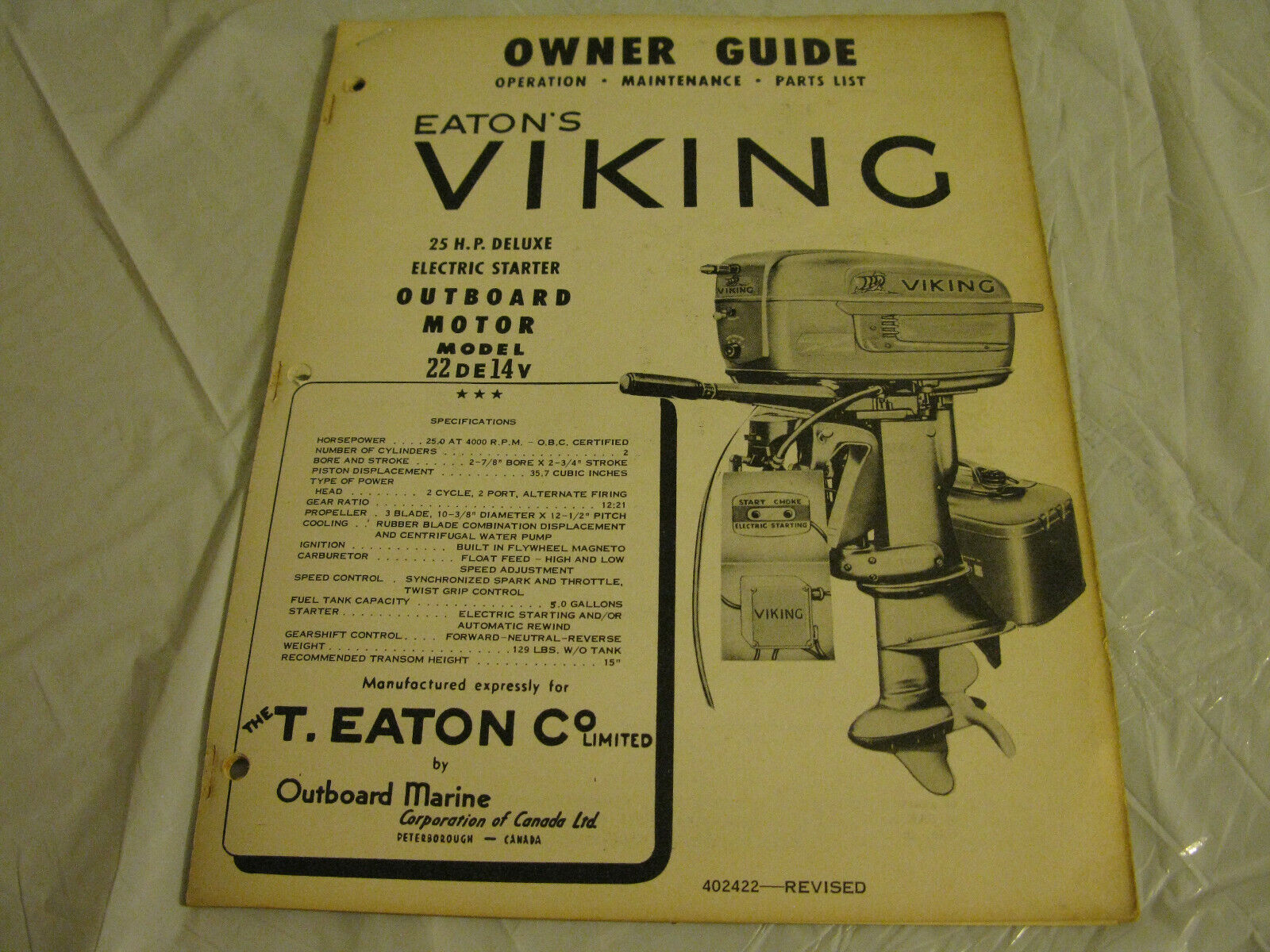 (image for) Viking 25 hp 22de14v outboard owners guide and parts list - Click Image to Close