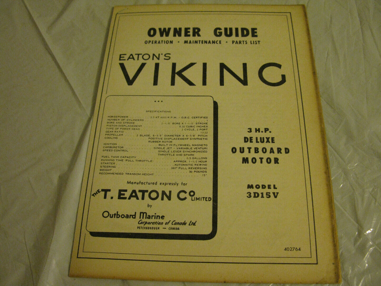 (image for) Viking 3 hp outboard owners guide and parts list - Click Image to Close