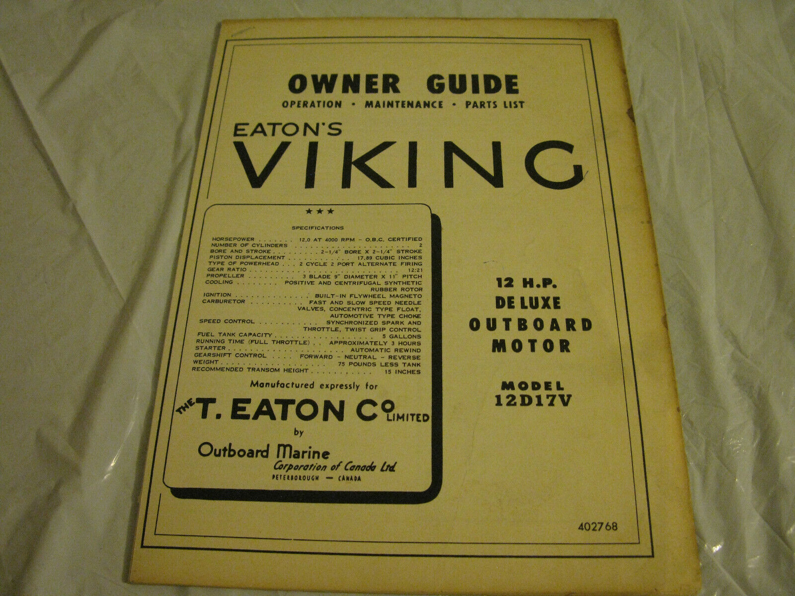 (image for) Viking 12 hp outboard owners guide and parts list - Click Image to Close