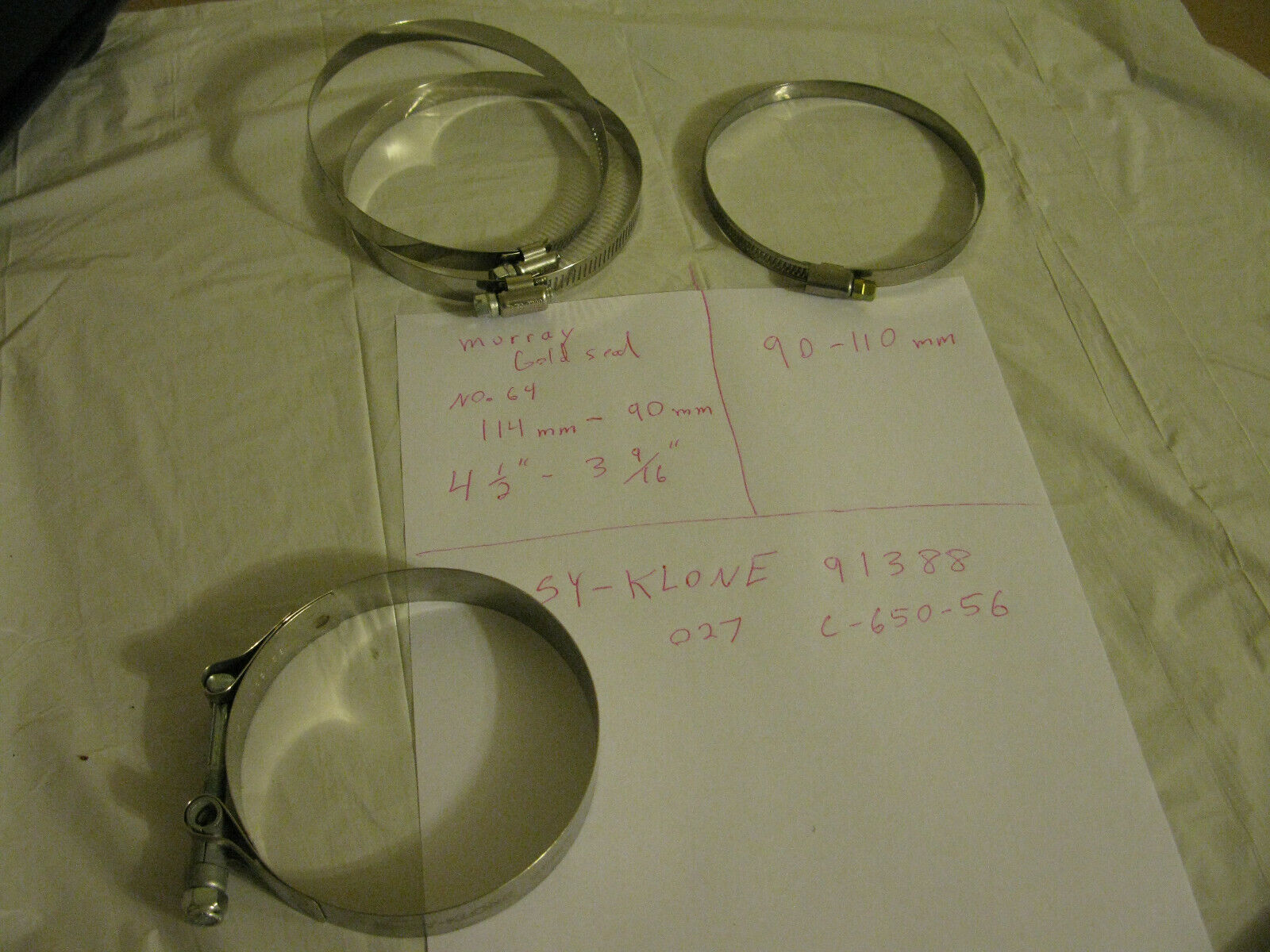 (image for) Lot of 4 4 1/2" - 3 9/16" 114-90mm hose clamp 90-110 mm T-bolt SY-KLONE 91388 - Click Image to Close