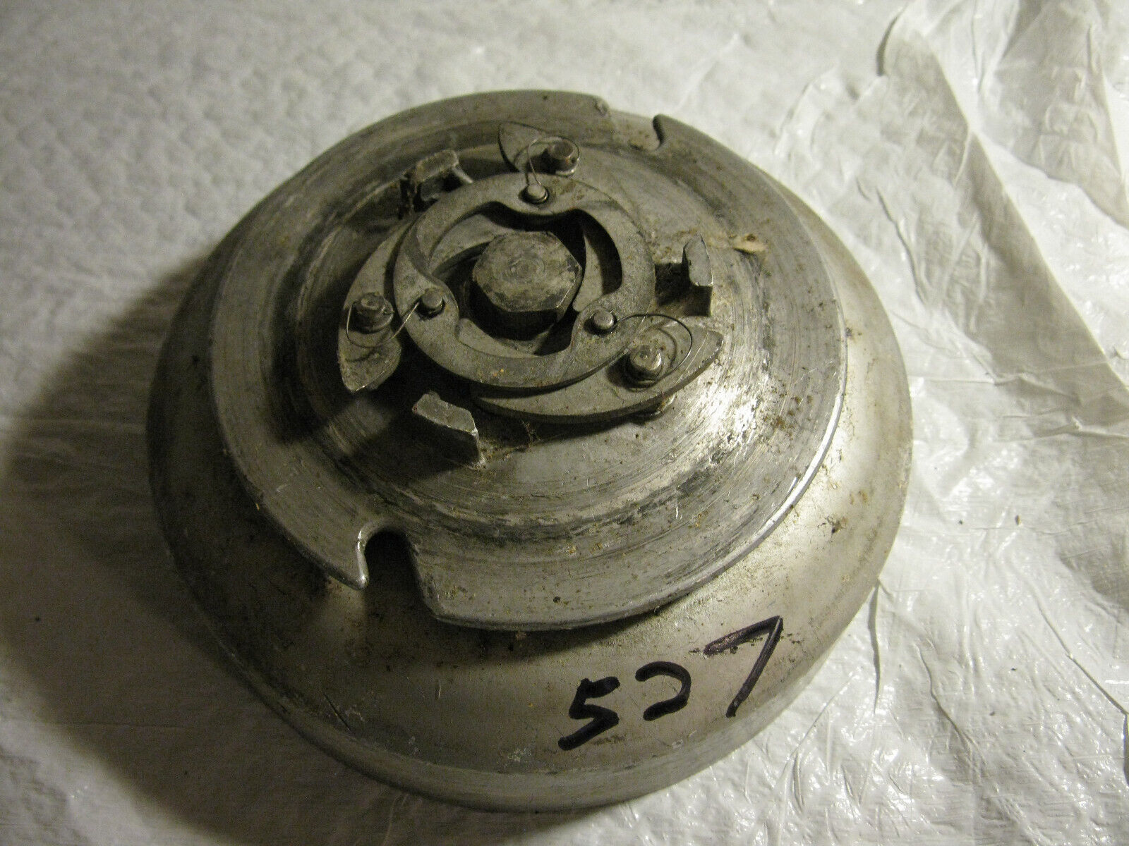 (image for) antique flywheel with starter parts old Johnson outboard - Click Image to Close