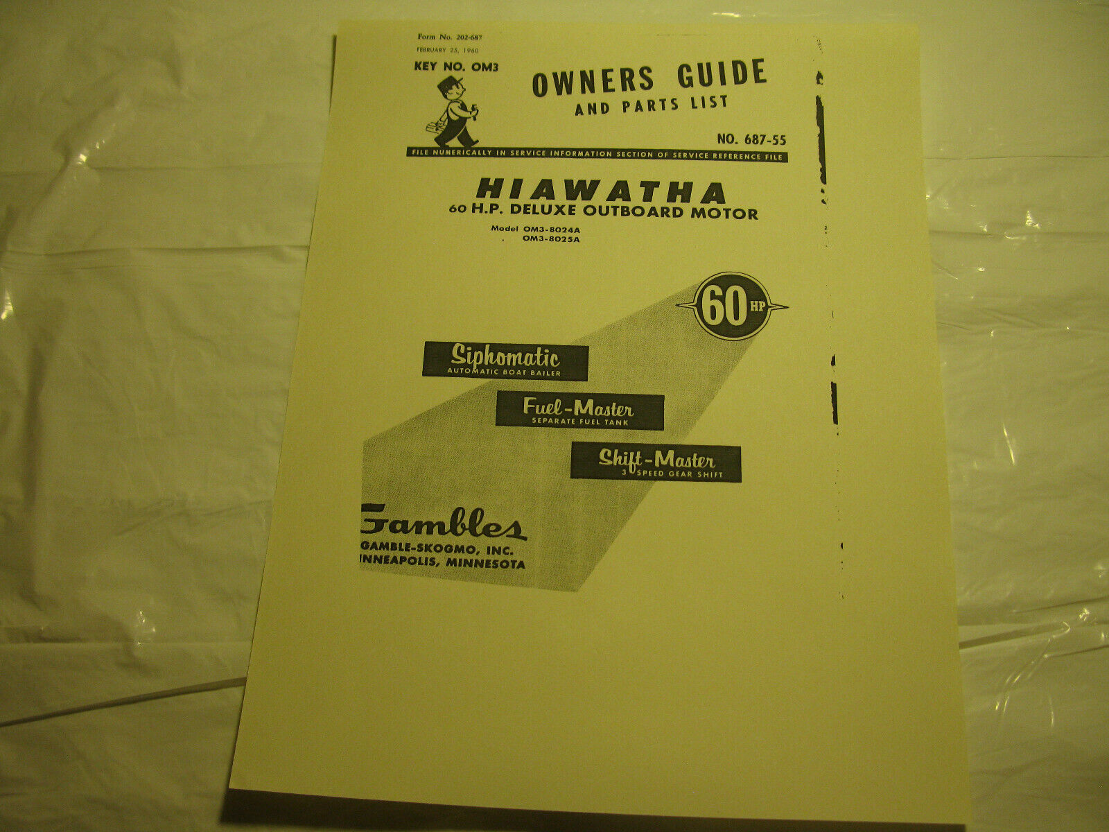 (image for) 1960 Hiawatha Owners guide and parts list 60 hp model OM3-8024A outboard motor - Click Image to Close